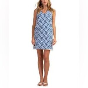 Trina Turk Blue and White Geometric Sleeveless Dress Sz10